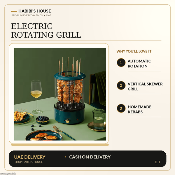 Actual supplier photo of rotating grill with Habibi's House cream black gold product benefits layout
