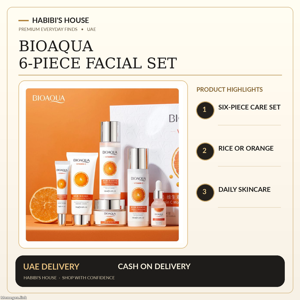 BIOAQUA 6-piece facial skincare set Rice or Orange – genuine supplier product image in Habibi's House cream and gold design