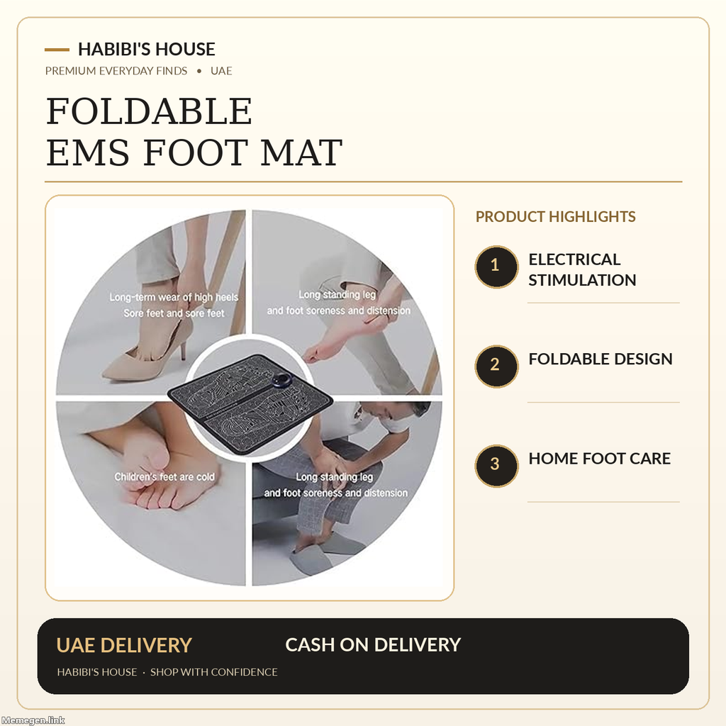 Foldable EMS foot massager mat – supplier photograph with product labels on Habibi's House cream and gold design