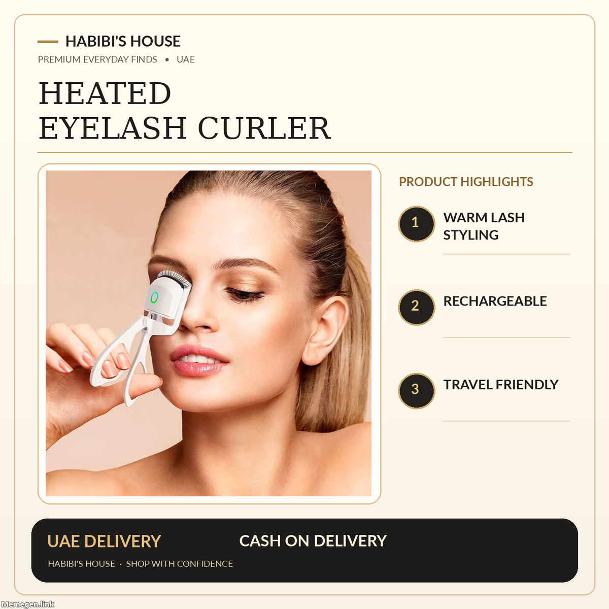 Rechargeable heated eyelash curler – genuine product image in branded luxury cream and gold design