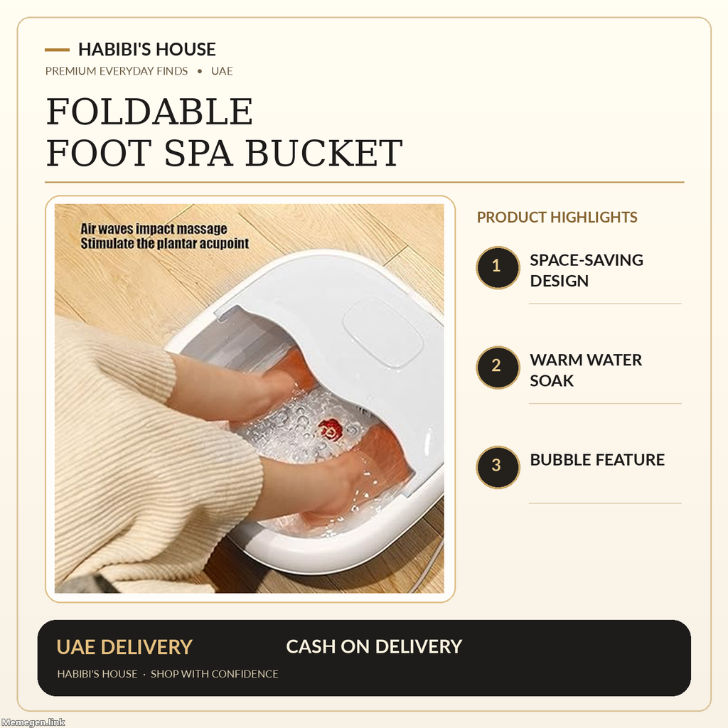 Foldable electric foot spa massage bucket – original supplier image in cream and gold graphic