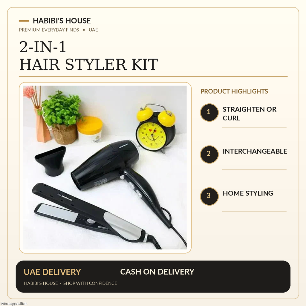 2-in-1 hair straightener and curling kit – original supplier photo with benefits on Habibi's House branded graphic