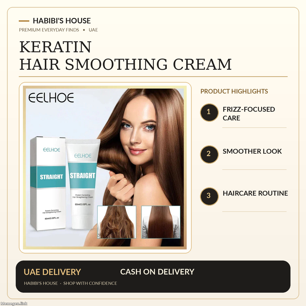 Keratin hair smoothing cream – real product packaging photo with Habibi's House brand labels
