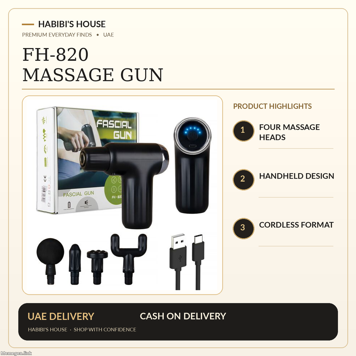 FH-820 handheld percussion massage gun with 4 heads – real supplier product photo with Habibi's House design