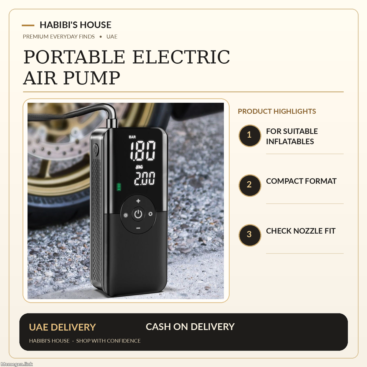 Habibi's House premium product image for air pump featuring the original supplier product photograph and product features