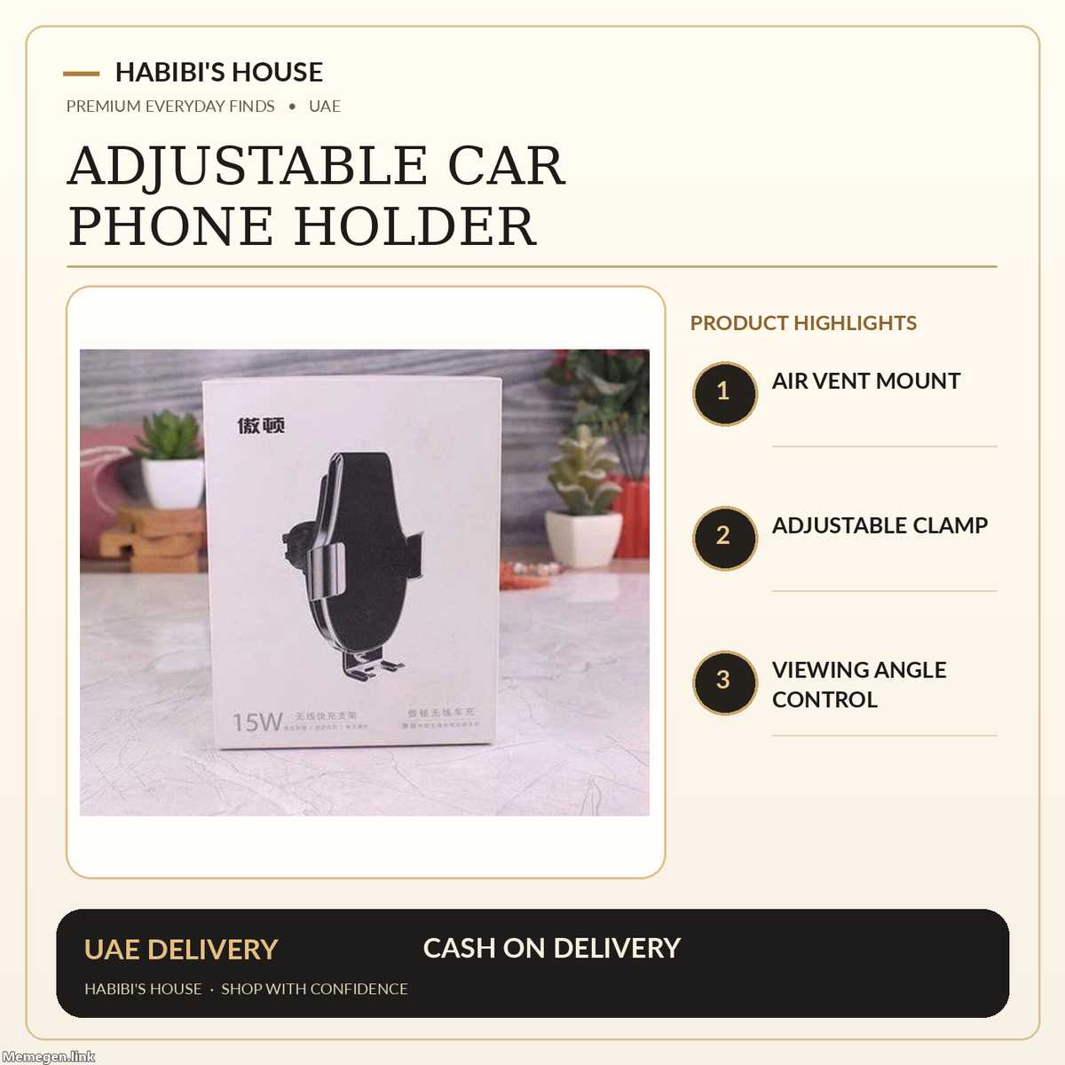 Habibi's House premium product image for car mount featuring the original supplier product photograph and product features