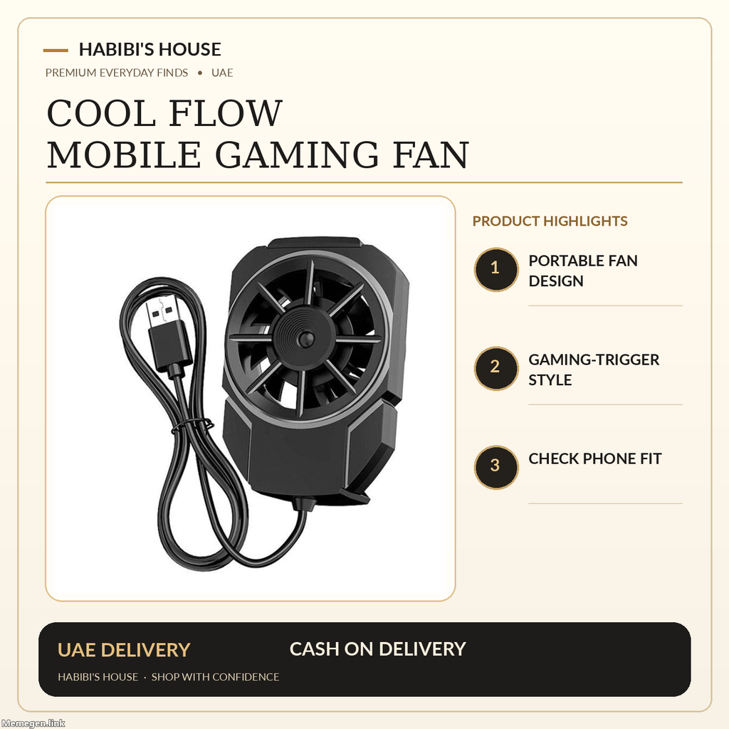 Habibi's House premium product image for cooling fan featuring the original supplier product photograph and product features