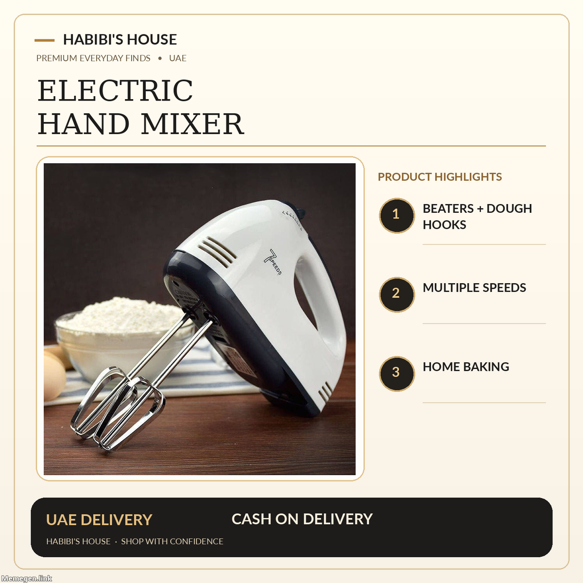 Habibi's House premium product image for hand mixer featuring the original supplier product photograph and product features