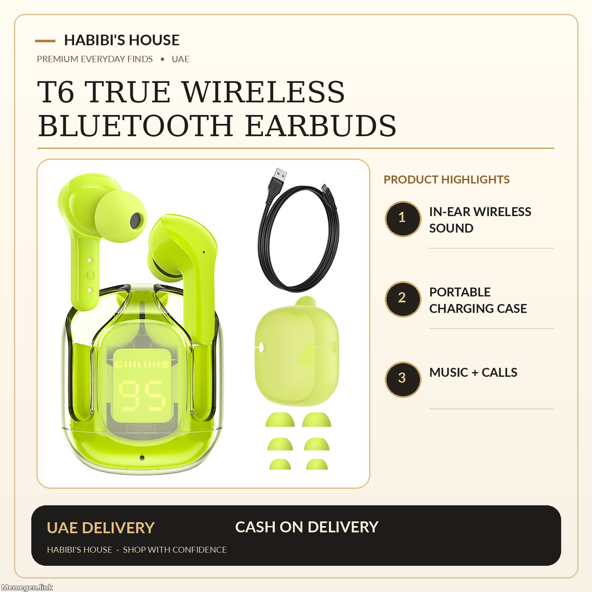Habibi's House premium branded product image, featuring the actual supplier photo of t6 earbuds