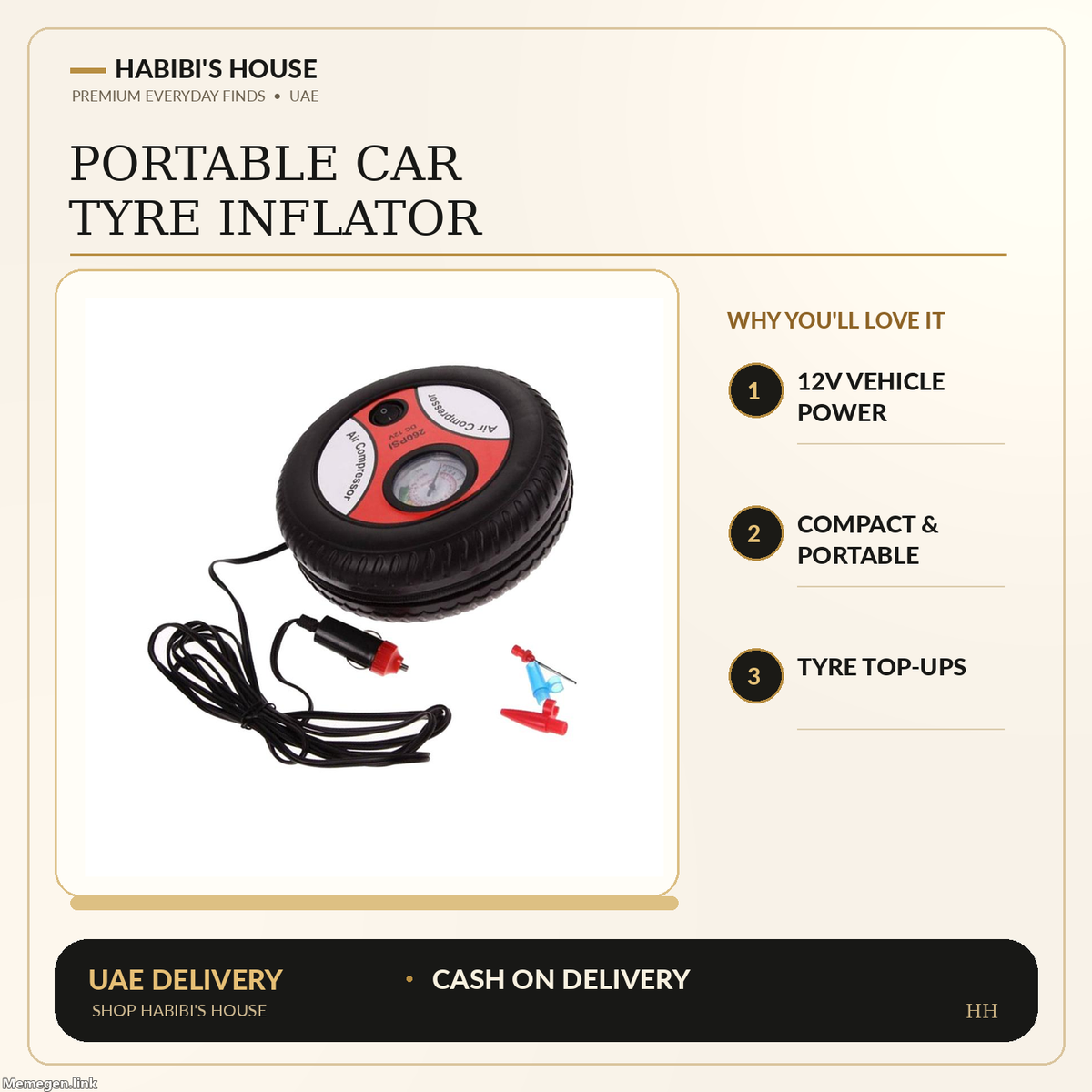 Actual supplier product photo of car inflator in Habibi's House cream black and gold feature graphic