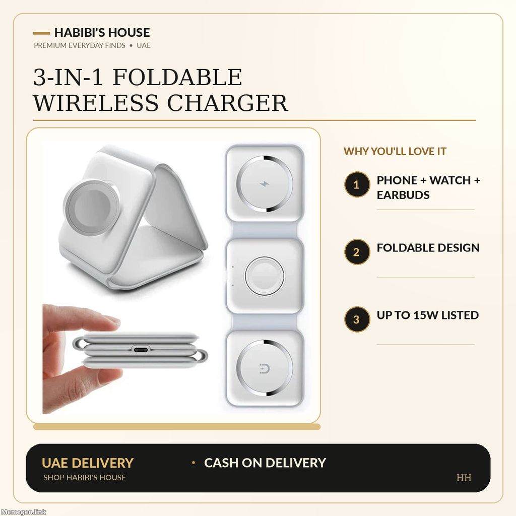 Actual supplier photo of charger with Habibi's House cream black gold product benefits layout