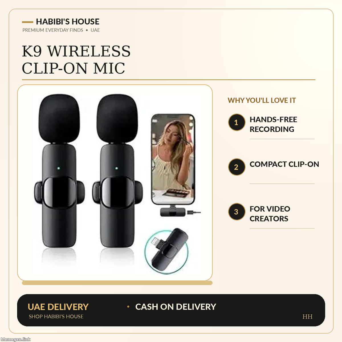 Actual supplier photo of k9 mic with Habibi's House cream black gold product benefits layout