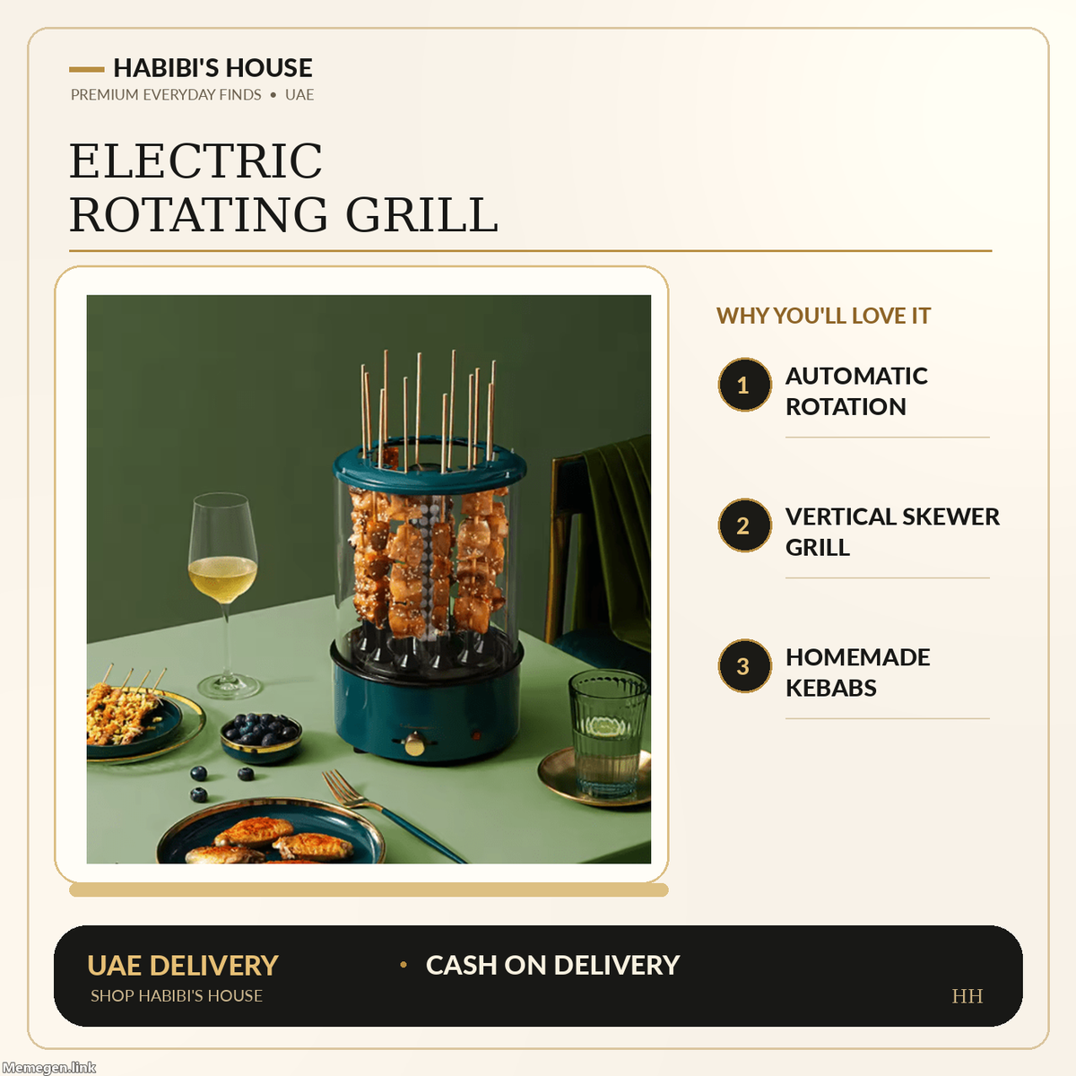Actual supplier photo of rotating grill with Habibi's House cream black gold product benefits layout