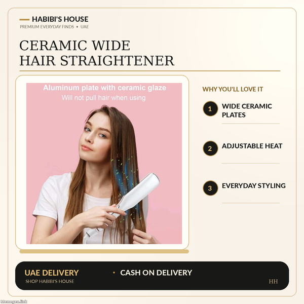 Ceramic wide hair straightener – actual supplier product photo in premium Habibi's House cream and gold layout